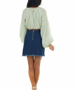 Emory Park Dusty Sage Long Bubble Sleeve Woven Crop Top Tops