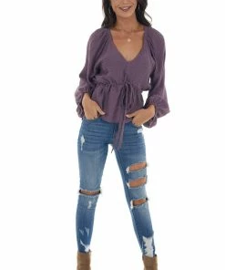 &merci Tops Deep Lilac V Neck Flowy Blouse With Tie Detail