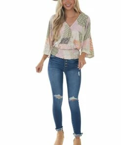 143 Story Pink Printed Long Sleeve Surplice Knit Top Tops