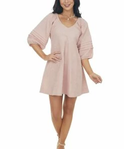 Umgee Dusty Mauve Short Dress With Balloon Sleeves Dresses
