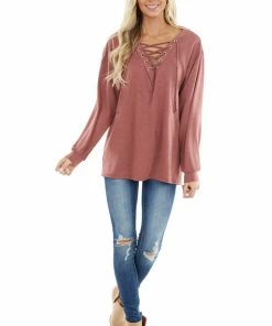 BiBi Tops Marsala Long Sleeve Knit Top With Lace Up V Neck Detail