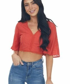 Davi & Dani Lipstick Red Flare Sleeve Open Back Woven Crop Top