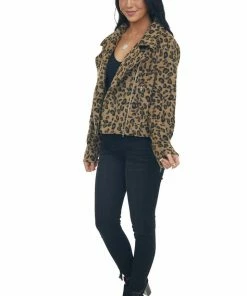 143 Story Outerwear Peanut Brown Leopard Brushed Knit Moto Jacket