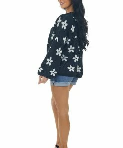 Peach Love Black And Ivory Daisy Print Sweater