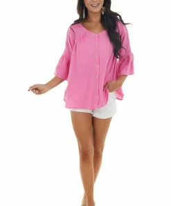 Davi & Dani Thulian Pink Button Down Flare Sleeve Blouse