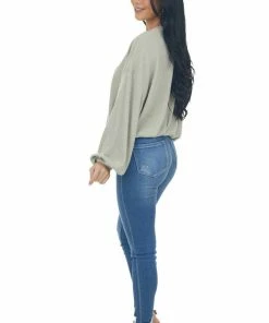 Wishlist Olive Green Long Bubble Sleeve Stretchy Ribbed Knit Top Tops