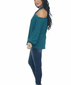 143 Story Forest Green Glittery Halter Cold Shoulder Top Tops