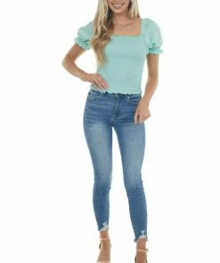 American Fit Tops Mint Textured Smocked Short Sleeve Top With Tie Detail