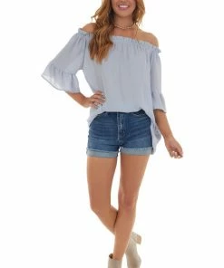 143 Story Powder Blue Off The Shoulder Ruffle Blouse Tops