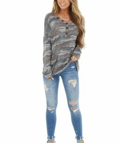 143 Story Stone Grey Camo Henley Waffle Knit Top With Long Sleeves