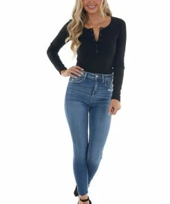 Entro Tops Black Ribbed Knit Bodysuit With Long Sleeves