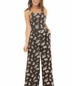 Sadie & Sage Chocolate Floral Print High Neck Jumpsuit With Side Pockets