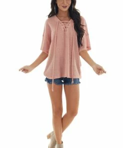 Ces Femme Coral Loose Knit Top With Lace Up V Neckline Tops 11 Ces Femme Coral Loose Knit Top With Lace Up V Neckline Tops