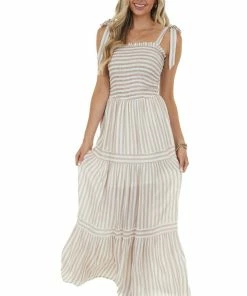 She + Sky Copper And Off White Striped Woven Maxi Dress