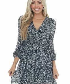 Umgee Dresses Black And Ivory Floral Long Sleeve Woven Dress