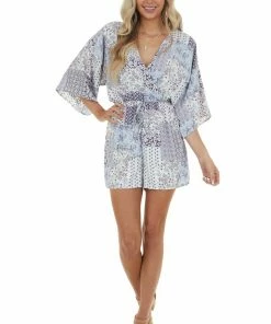 143 Story Dresses Powder Blue Multi Print Kimono Sleeve Romper