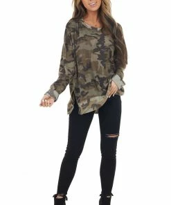 Jodifl Olive Camo Waffle Knit Long Sleeve Top With Side Slits Tops