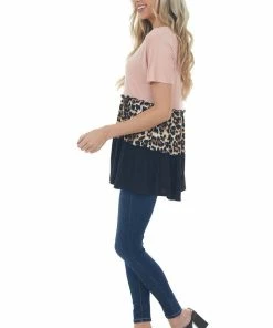 HEIMISH Blush And Leopard Print Colorblock Stretchy Knit Tunic Top
