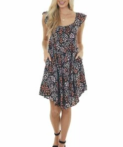 Ces Femme Dresses Black Floral Tiered Dress With Flutter Sleeves