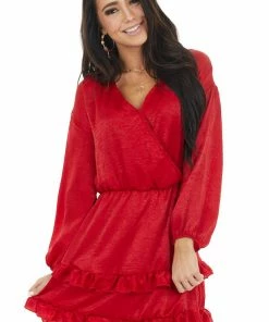 Peach Love Cherry Surplice Ruffled Satin Mini Dress With Elastic Waist Dresses