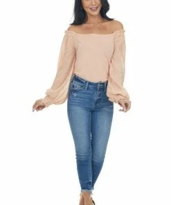 Hailey & Co Peach Crinkled Swiss Dot Long Sleeve Top Tops 27 Hailey & Co Peach Crinkled Swiss Dot Long Sleeve Top Tops