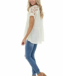 143 Story Cream Swiss Dot Woven Top With Lace Short Sleeves Tops