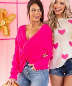 Lime Lush Hot Pink Twist Back Thick Ribbed Knit Sweater Tops 37 Lime Lush Hot Pink Twist Back Thick Ribbed Knit Sweater Tops