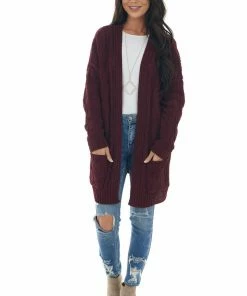 Style Melody Wine Long Sleeve Cable Knit Cardigan