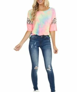Vanilla Bay Neon Tie Dye Top With Leopard Print And Colorblock Sleeves Tops