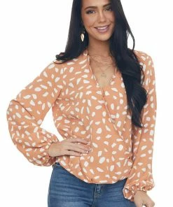 Umgee Tops Sandstone Printed Scalloped Surplice Blouse