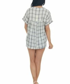 Entro Tops Ivory Plaid Woven Top With Button Up Back