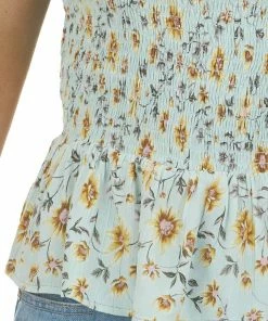 ANGIE Tops Pastel Blue Floral Print Smocked Tank Top