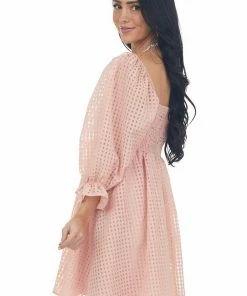 Entro Dresses Peach Sheer Checkered Pattern Short Dress