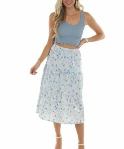 Peach Love Pastel Blue Floral Tiered Midi Woven Skirt