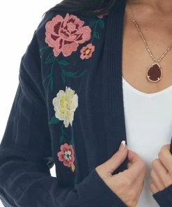IWT Brands Navy Ribbed Cardigan With Floral Embroidery Tops 14 IWT Brands Navy Ribbed Cardigan With Floral Embroidery Tops