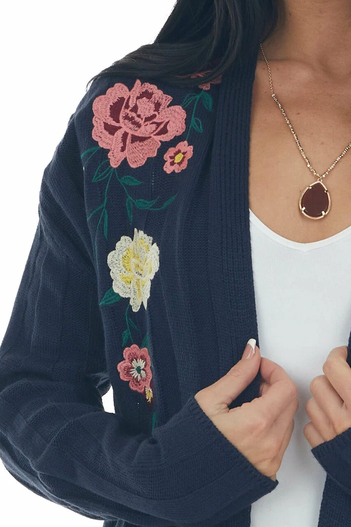 IWT Brands Navy Ribbed Cardigan With Floral Embroidery Tops 7 IWT Brands Navy Ribbed Cardigan With Floral Embroidery Tops