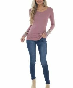 Lovely Melody Mauve Waffle Knit Top With Multiprint Cuff Tops