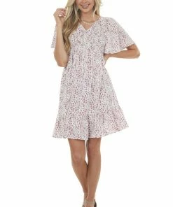 Jodifl Mauve Spotted Smocked Bodice Babydoll Dress