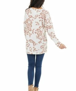 BiBi Ivory Leopard Print Long Sleeve Top With Front Pocket Tops