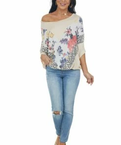 143 Story Tops Latte Multiprint Chevron Colorblock Dolman Sleeve Knit Top