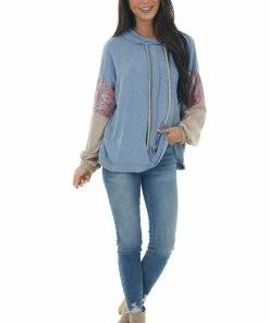 Ces Femme Tops Slate Blue Colorblock Cowl Neck Knit Top