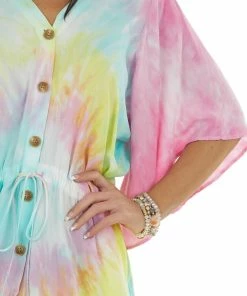 Davi & Dani Dresses Multicolor Tie Dye Short Sleeve Button Dress