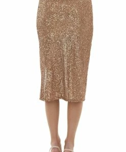 7th Ray Bottoms Camel Sequined Side Slit Midi Skirt