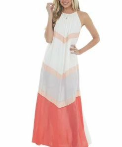 Main Strip Ivory And Coral Chevron Colorblock Halter Neck Maxi Dress 24 Main Strip Ivory And Coral Chevron Colorblock Halter Neck Maxi Dress