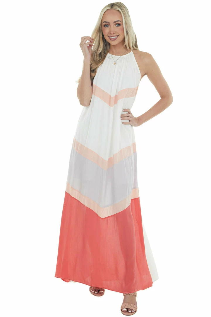 Main Strip Ivory And Coral Chevron Colorblock Halter Neck Maxi Dress 11 Main Strip Ivory And Coral Chevron Colorblock Halter Neck Maxi Dress