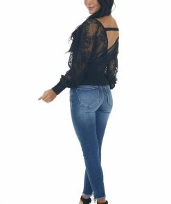 Peach Love Tops Black V Neck Lace Long Sleeve Knit Top