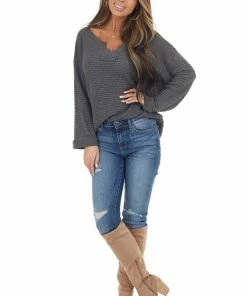 Jodifl Charcoal Grey Waffle Knit Notch Neck Top With Loose Sleeves Tops