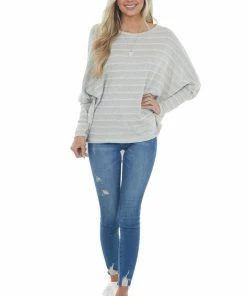 Andree Dove Grey Striped Two Toned Ribbed Knit Top Tops