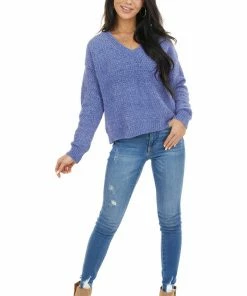 HYFVE Dusty Blue Two Tone Slightly Cropped Sweater With V Neck