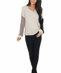 BiBi Blush Black And Taupe Colorblock Top With Back Twist Detail